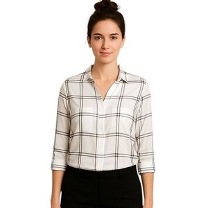 Fortune & Ivy Small White Black Plaid Windowpane Button Front Blouse Roll Tab